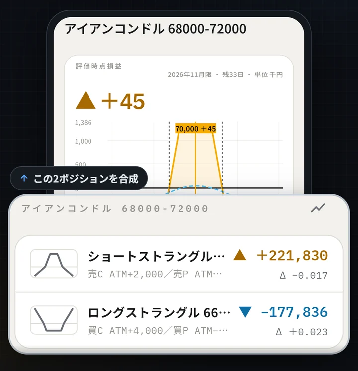 グループの合成ペイオフダイアグラムと、拡大したグループ内の2ポジション